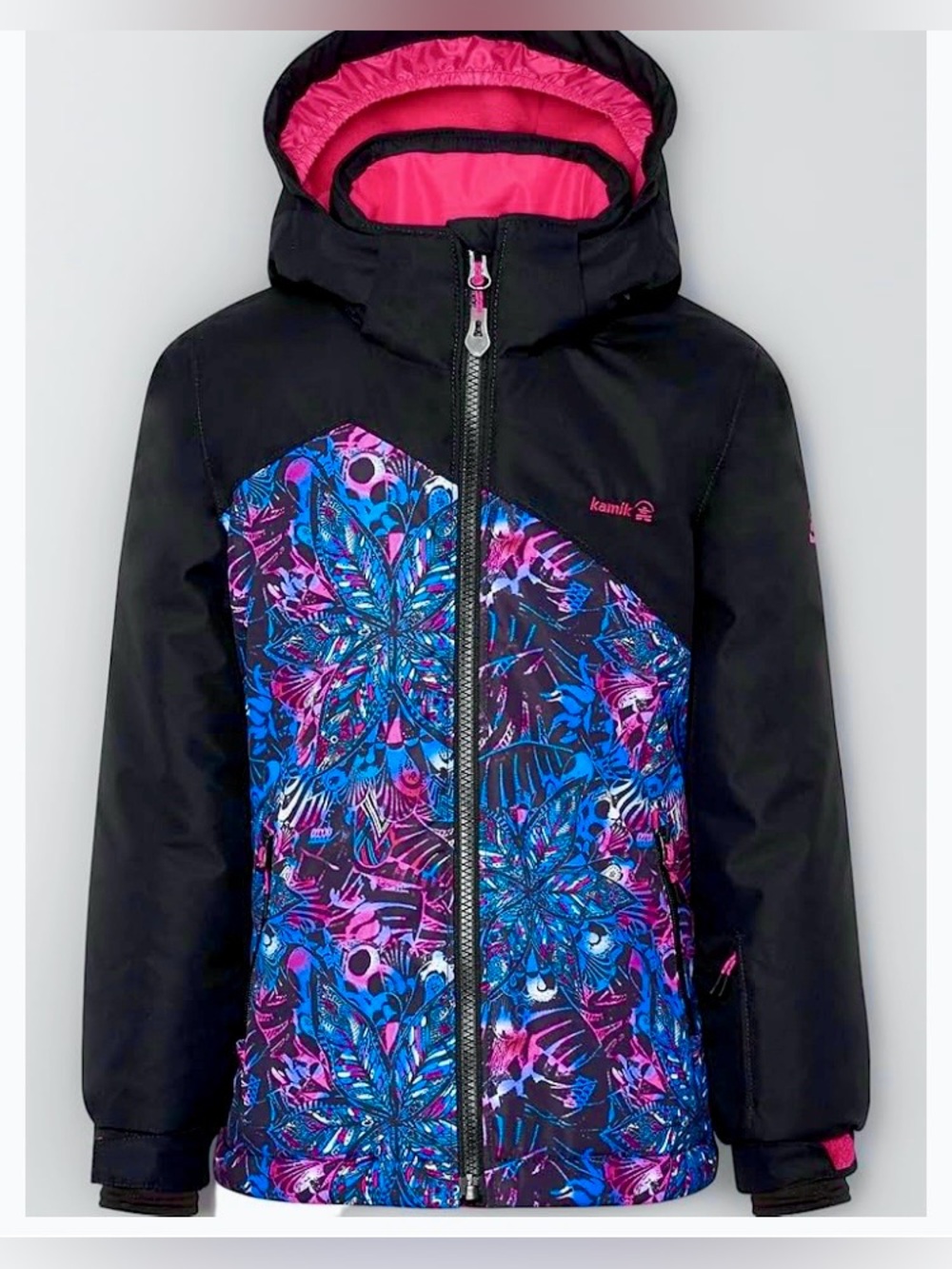 Girls Kamik Winter Coat, Vibrant Blue, Red, Black & Pink Floral Panels, Like New